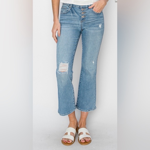 Stylish Distressed Blue Flare Jeans - Picture 6 of 7